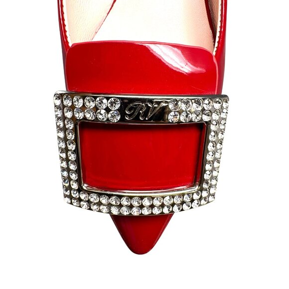 Roger Vivier Red Patent Leather Crystal Embellished Buckle Pointed Heels - Picture 5 of 12